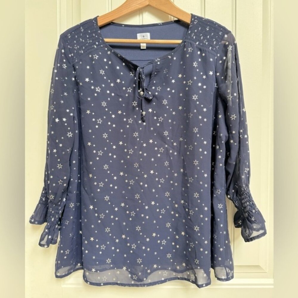 Dress Barn Navy with Silver Stars Sheer Lined Tunic Bloe with Tie. Size L